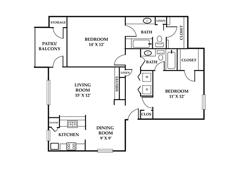 Floor plan for 2 beds, 2 baths, 1023 sqft